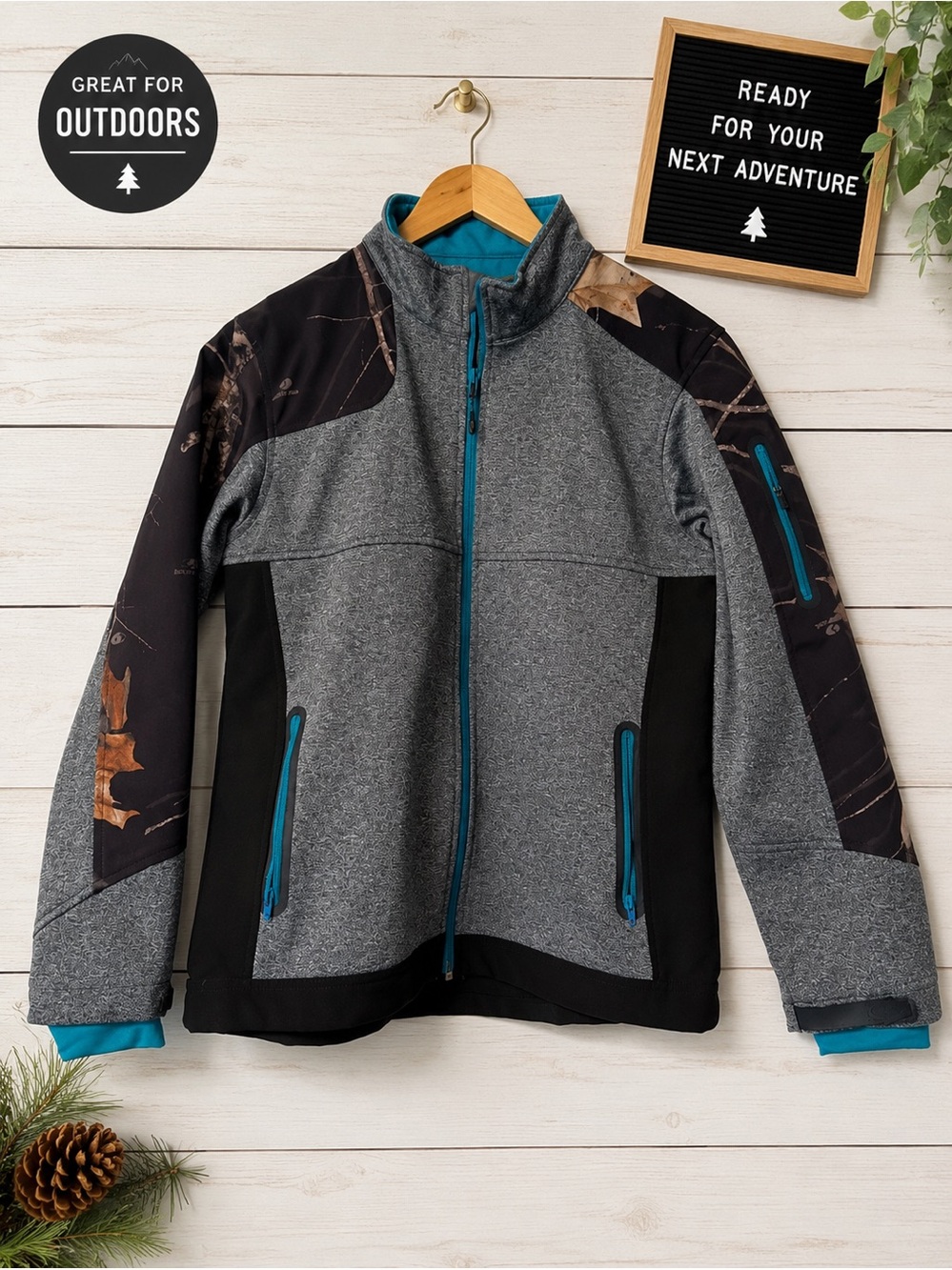 🦌Mossy Oak Yukon Gear Lightweight Zip Up Jacket Gray Camo Teal Size S/P